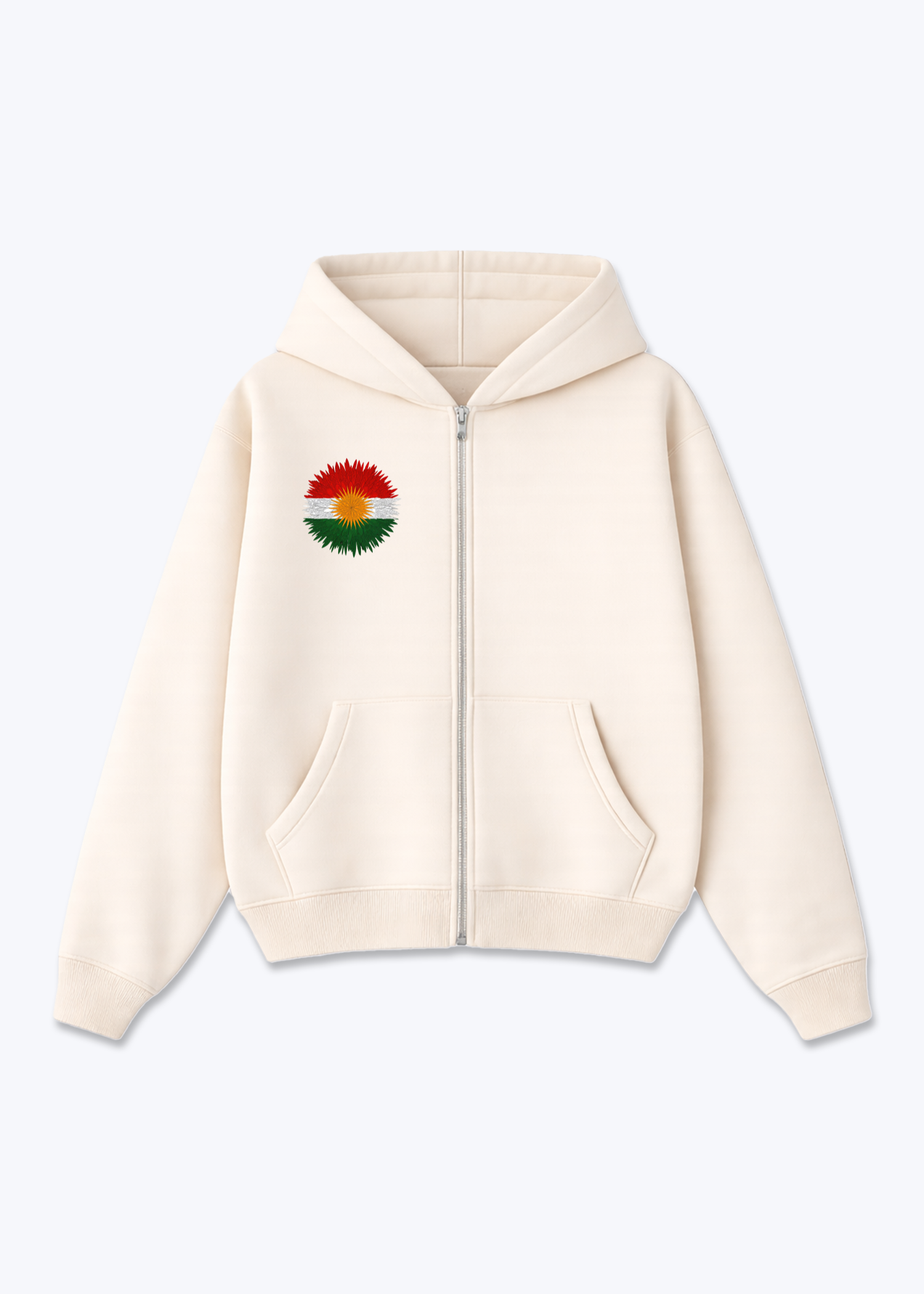 Kurdistan Sun Zip Hoodie - Beige Front (Designed)