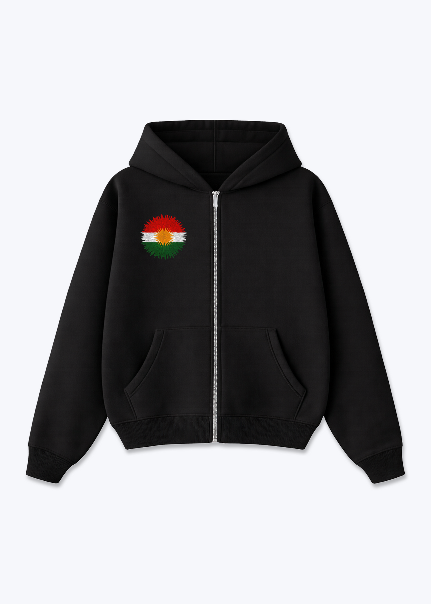 Kurdistan Sun Zip Hoodie - Black Front (Designed)