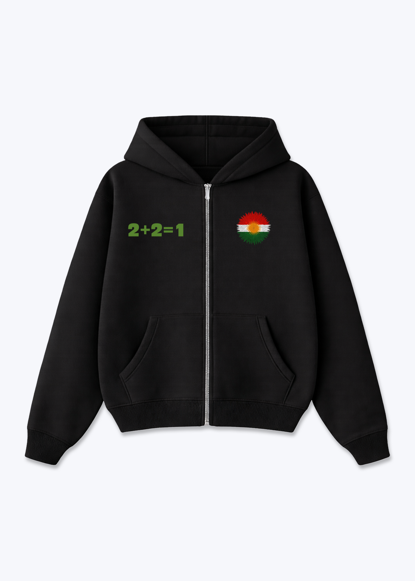 2+2=1 Kurdistan Zip Hoodie - Black Front (Designed)