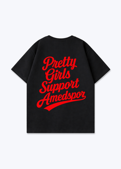 Pretty Girls Support Amedspor Rot Oversized Shirt - Black Back (Designed)